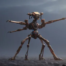 Mecha with metal spider legs his hands are machine guns.