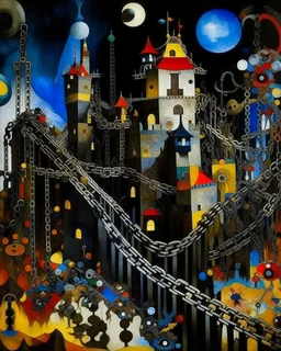 A black fortress with a dungeon filled with chains painted by Wassily Kandinsky