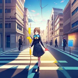 anime girl walking down a yellow brick road, holding a bow with arrow , road signs, arrows, direction into the street