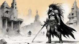 [high res illustration by Ralph Steadman] the back of the Barbarian female warrior who is aremed to fight in the shadows of the labyrinth city of Lankhmar: In the center of the dark plaza, is a creature which body is a grotesque amalgamation of dust and fumes, twisting, motioned by some unspeakable evil. Its threatening eyes are burning coals.