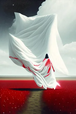 Giant massive huge in stature, majestic entity, hovering and floating over a large field landscape. the entity wears a white and red draped fabric that has printed on the material resembling stars. the fabric has also technological elements. you can see how big it is compared to a tiny human standing in front of it