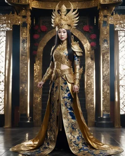 Photography cinematography beauty color scene full body A Length image of very Super model Asian Woman as an Beautiful Queen chinese emperor made from metal craft,dressing traditional chinese emperor luxurious golden and black color armor pattern re roses combination fully crystals diamonds stone,she on standing and jump pose action kungfu style,she on playing metalic chrome shine sword, beside two golden dragons sitting as loyal guard, in luxury, red lampions,chinese decoration royal castle