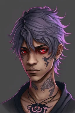 Light brown skin, red eyes, straight short purple-grey hair, snake tattoo on neck, black clothes, round face, teenager