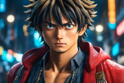 Luffy in 8k live action anime artstyle, one piece them, Young man, cyberpunk, dynamic pose, intricate details, highly detailed, high details, detailed portrait, masterpiece,ultra detailed, ultra quality