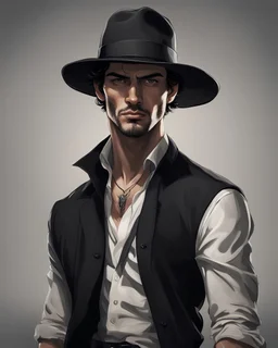 Man He wears Italian gangster clothes He is tall, , has a beautiful face, has brown eyes, and wears a black hat ، He holds a knife in his hand
