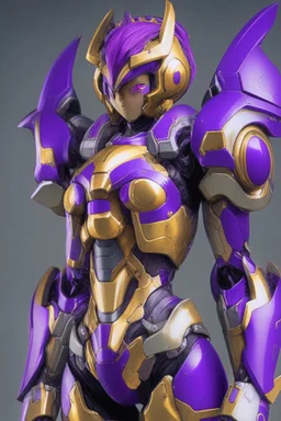 One Genderless Cyborg made of metal, has a human like face with a really long violet ponytail, the armor is similar to Omega from Megaman. The color palatte of the armour is deep purple and yellow.