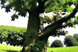 cow stuck in the top of a tree can not get down