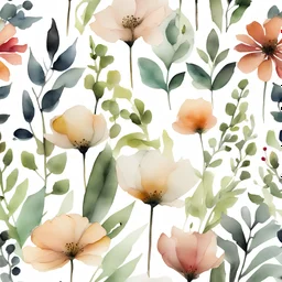 watercolor and alcohol ink, botanical, small flowers, white background, minimal