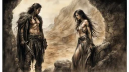 Hyper-photorealistic watercolor art style by Luis Royo, A dark cave lit only by oil lamps, a stone altar, animal skins, a young man and a girl, hyperdetailed face, full body diagonal shot, encounters male bandits in dark fantasy countryside setting, absence of mysterious elements, dramatic lighting, ultrafine detail, octane rendering., darkness world