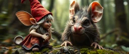 close up on pixie quickling gnome and a giant troll intense huge funny mouse, with background motion blur, in magical forest scene, in the style of Rembrandt