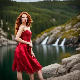 pretty dream houses in rocky mountain in wavy sea side,18 years old cute and adorable polish model standing on the rocksextremely detailed beautiful face, in hot colors adorned sapphire and gold one strap dress, wearing sexy in fashion sfilate decorated, elegant wavy hair, porcelain pale skin, shiny red lips, bright red hair, front face, right side look, beautiful smile look camera, sexy detailed elegant dress, the lens is in the left corner, ultra focu