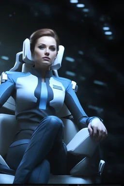 beautiful female, wearing high tech blue navy officer outfit, sitting on high tech scifi chair, photorealistic, bokeh, on a spaceship