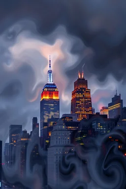 New York City buildings at night in Abstract Fluid, cloudy sky