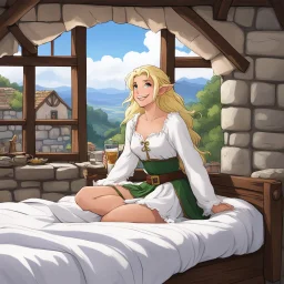 a blonde shag cut hairs elf wearing up in the bed of a tavern, sheets are cotton with, the window on the stone wall is open to the sky, she is happy
