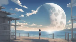 giant half transparent moon, glitchy, blurry, mechanical, sci-fi, maximum quality, centered on frame, far view, seasidel, white sky with cumulonimbus, anime, makoto shinkai style, seaside japanese village