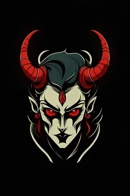 creepy evil androgynous human with a face made out of shoes with demon horns. Logo style.