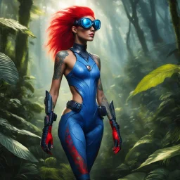 thin alien with tattoos: Her blue skin shimmers under the dappled sunlight, blending seamlessly with her surroundings. Those red boots, though, they stand out like a fiery declaration of her indomitable spirit.Equipped with her trusty goggles, she scans the jungle with hawk-like precision. Her keen eyes pierce through the dense foliage, seeking out any signs of danger or opportunity. But it's not just her eyes that are sharp; those ray guns strapped to her corset are a testament to her readiness