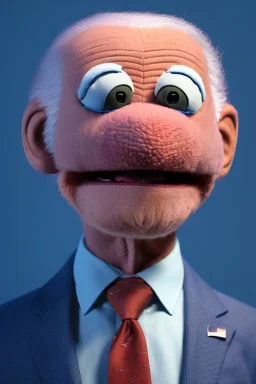 Waist up muppet Portrait, joe Biden as muppet doll, Blue suit, photo studio, blue background, unreal engine 5, concept art, art station, god lights, ray tracing, RTX, lumen lighting, ultra detail, volumetric lighting, 3d.