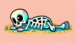 Cute chibi-style bony animal skeleton, big ribs pointing up while lying on the ground, cartoony, colorful, exaggerated, simplified,