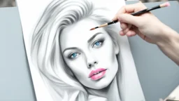 street artist draws a portrait of a blonde woman, charcoal, pencil, pink lips, blue eyes, fine drawing, hand with a brush