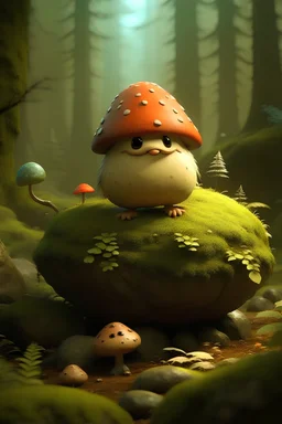 digital painting of a cute, young and agile character of a mixed snimal, mixed acorn, standing in a Nordic forest with big rocks, moss and mushrooms