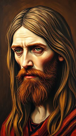 Van Gogh's portrait of Jesus Christ who is looking. with long hair Oil, pastel and thick acrylic design. Brown background. Inspired by old paintings