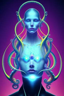 Spiritual being with Tentacles over human Head creating reality around, wrapping Spiral around Human, Psychedelic