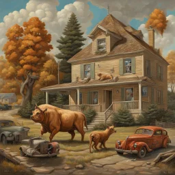 "State of the Union 2" by John Brosio, surreal Larger-Than-Life Animals Terrorize Suburban Towns in oil Paintings, fantastic animals larger than the houses, dramatic cinematic stop motion, impressionism, concept art, realistic Norman Rockwell style.