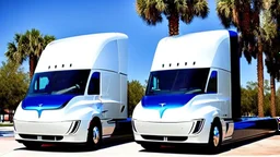 A Tesla semi-truck is parked, within the 'Universal Studios Orlando', in Florida. CINEMATIC. WIDE ANGLE LENS.