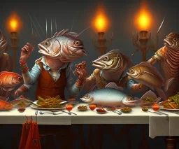 supper, fish sit at the table and eat pieces of people.