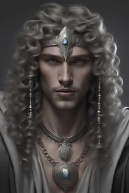 silver jewelry, fantasy, medieval, long curly hair, Egyptian, man