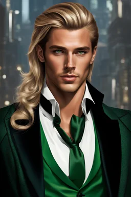 male, tanned, blonde long hair, pony tail, green eyes, slender, aristocrat clothing with coat vest, high class party background, photorealistic