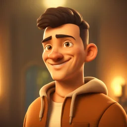 a portrait of smiling young cute western man. caricature. black hair. short buzz cut hair style. light skin. dark eye pupils. small eyes. big round face shape. a bit small goatee, without moustache. big nose. thick mouth. white sweatshirt. pixar style. 3D. 4k. portrait. highly detailed. sharp focus. high resolution. full color. cinema lighting