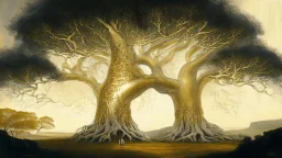 Valinor, tolkien, two giant trees, one giant golden tree, one giant silver tree,
