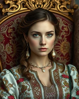 A stunning Russian woman with porcelain skin, high cheekbones, and piercing green eyes, dressed in a traditional embroidered sarafan, sits regally in a lavish, ornate chair, surrounded by opulent fabrics and gold accents, as if plucked from a 19th-century Russian aristocratic portrait, rendered in exquisite hyper-realistic detail, with the rich textures and subtle play of light and shadow characteristic of a masterful oil painting, reminiscent of the works of Ivan Kramskoi, Zinaida Serebriakova