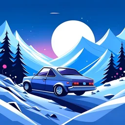 Album cover for a playlist I have made for my car trip. Feature a snowy landscape with a car in the middle. I want it to be cartoon styled