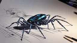 2190. 3D Robot insect drawing a 2Dpicture, each leg holding a gel pen, drawing a beautiful 2D landscape using six pens, one pen held by each leg. The picture is almost finished. Artistic, beautiful lighting, attractive composition, photorealistic, extremely detailed, chiaroscuro, rule of thirds