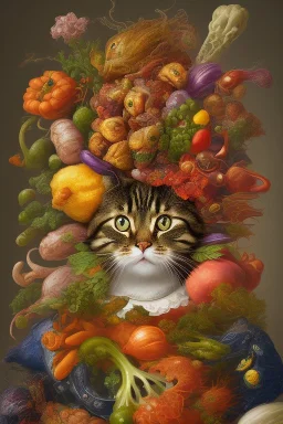 Cat head vegetables fish like Arcimboldo