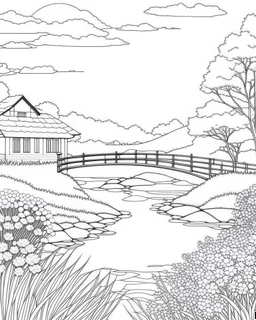 Coloring pages: A peaceful garden landscape with a flowing stream and blooming flowers. The image should showcase a small wooden bridge over the stream, leading to a tranquil spot where readers can imagine sitting and taking in the picturesque scenery. Colorful flowers should be scattered around the garden, creating a visually appealing and relaxing image.