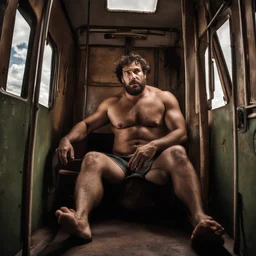 photography of a burly ugly beefy sicilian farmer 36 years old man sitting in the train, relaxing, shirtless, in boxer, bulge, tattoo, broken teeth, serious, short beard, curly hairs , view from below, photorealistic, side lights, Ground-Shot Angle