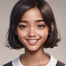 A girl with slightly brown skin, an oval face with a square chin, slightly full lips, thin black almond eyes, short hair, and a very cute smile.