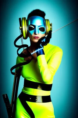 Cyan photograph Cyber-punk woman, mask, AKG-style big headphones, golden rings & disc, Uma Thurman. Fencing mask. Speakers. Kill Bill, steel sword, Hattori Hanso. Thick tights, thick calves, arched fell, wide hip. Old camera lenses, ancient artifact attached, perfect body. Electronic circuits, device, laser. 5-dimensional Escher tiling background. Daft Punk, Tron Movie. Matrix movie clothes, tippet, latex. Wicked sneakers. 1990's, old telephone microphone as mouth. Minimalism fashion Futurism