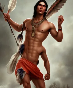 native american warrior, long black hair, big muscles, looking up, mouth open shouting, shirtless