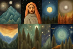 forests fall asleep in my arms, sky background;stars,lens flare,moonrays,by artist "Betye Saar";by artist "Canan Berber";by artist "Kaikai Kiki";by artist "Christian Schloe",by artist "Arthur Garfield Dove"