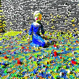 "Girl with a Pearl Earring" famous painting with scattered LEGO toys on the floor.