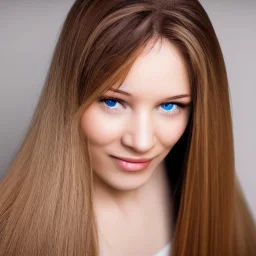 Woman with blond straight hair and brown eyes