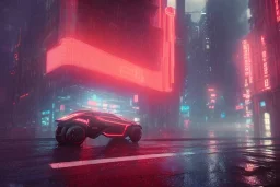 3D, beautiful, light reflecting, empty city at night, rainy night, neon, cyberpunk, tron, person with helmet walking