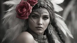 photoreal magnificent intricately engraved crossed roses on feathered magical dagger carried on her native indian hip by lee jeffries, otherworldly, in the style of fantasy movies, photorealistic, shot on Hasselblad h6d-400c, zeiss prime lens, bokeh like f/0.8, tilt-shift lens 8k, high detail, smooth render, unreal engine 5, cinema 4d, HDR, dust effect, vivid colors