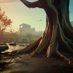 Cyberpunk theme, portrait of Oak tree roots holding man inside, misty sunny day, close-up portrait, symbios