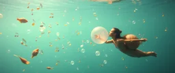 eskimo yoga mind bending bubble gum as a young woman floating transparent music notes in the weirder universe in the ocean with the snail fish